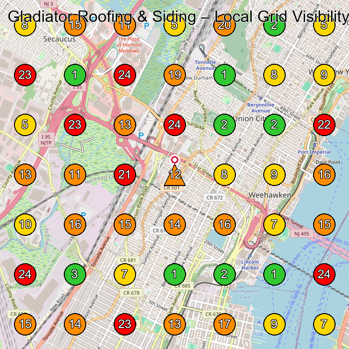 Gladiator Roofing & Siding Roofing Contractor GeoGrid ranking map for Union City NJ